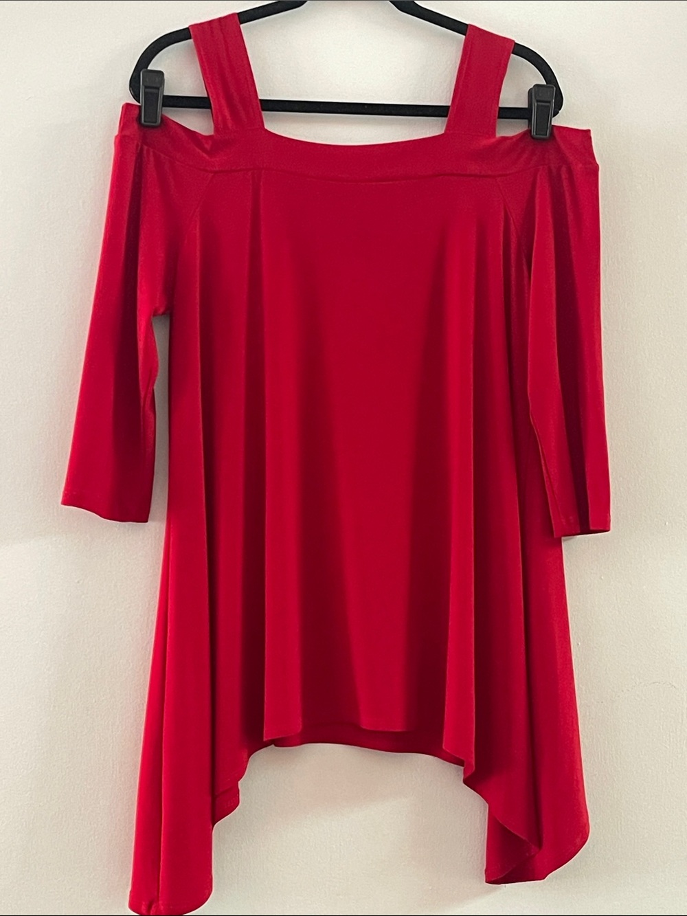 Clara Sun Woo red cold shoulder tunic blouse with shark bite hemline